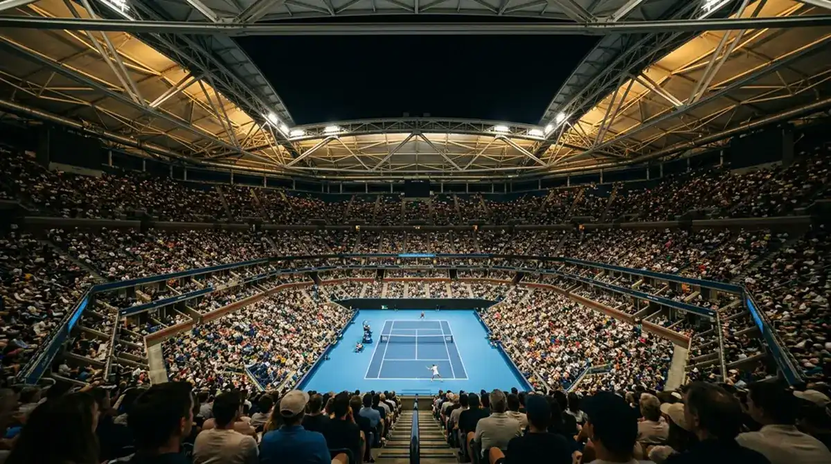 US Open Arthur Ashe Stadium tijdens een avondsessie met retractable dak