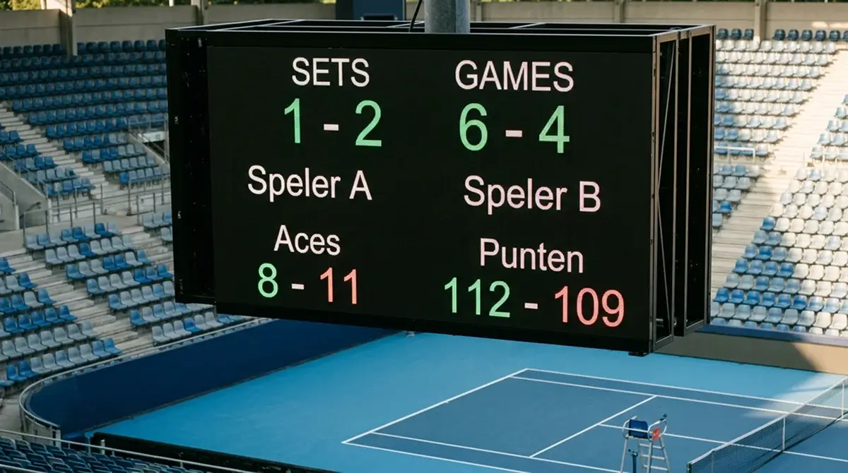 Tennis scorebord met setstanden en wedstrijdstatistieken op een hardcourt